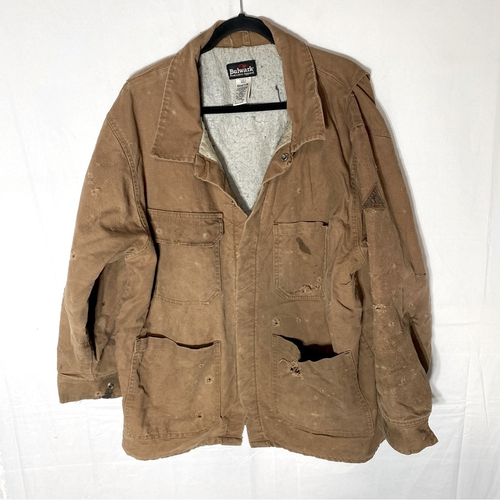 Vintage Bulwark Thrashed Distressed Destroyed Tan Duck Canvas Work Chore Coat L
